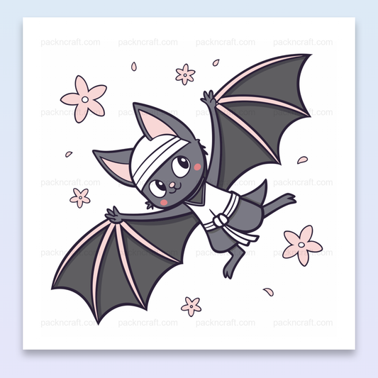 Illustration kawaii d'une chauve-souris joyeuse en kimono sur fond fleuri, usage DIY et déco.