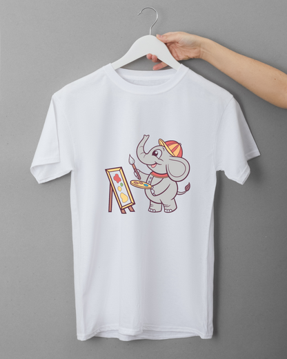 t-shirt créatif avec éléphant pastel en train de peindre inspirant créativité enfantine