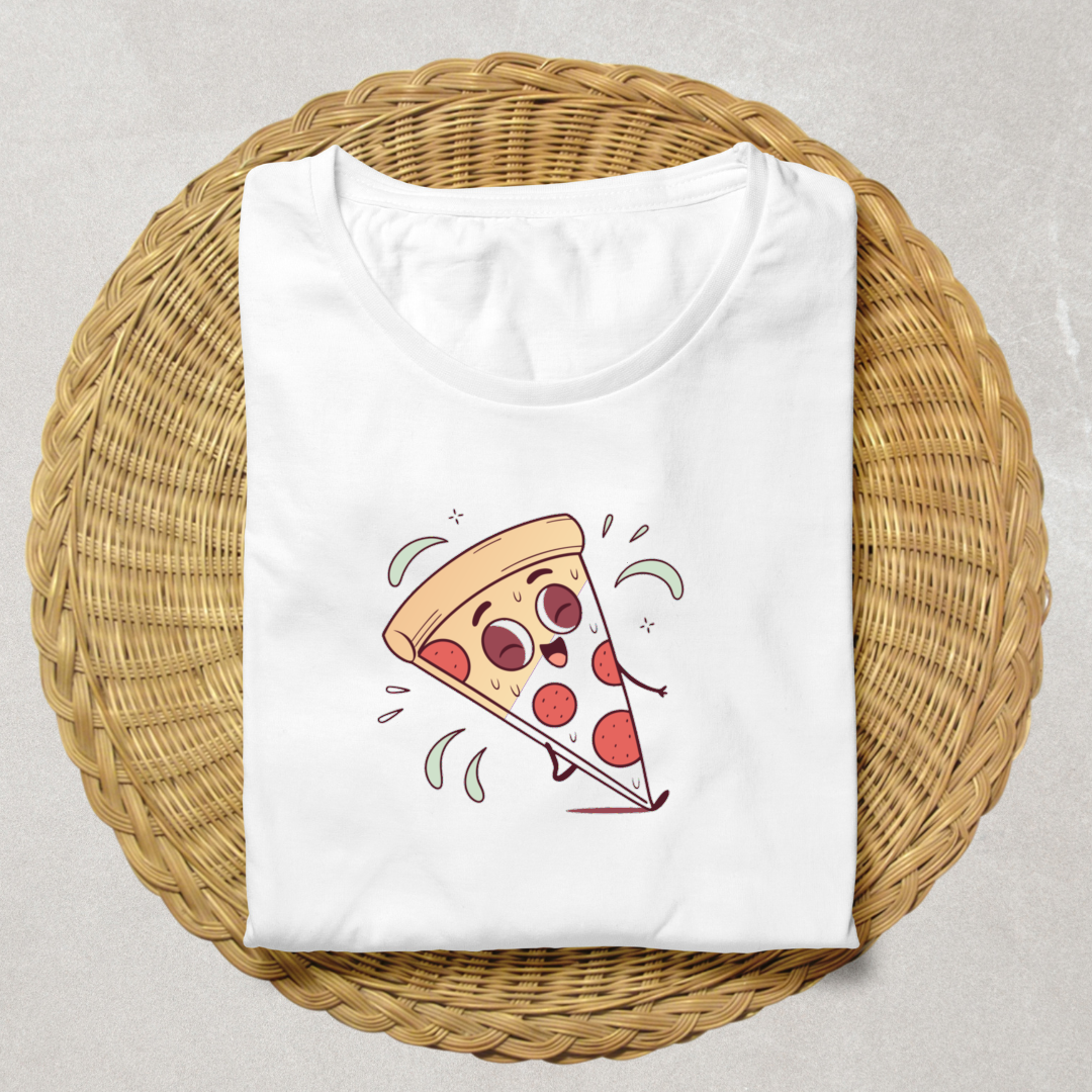 T-shirt décoré d'une part de pizza souriante style kawaii amusant et gourmand