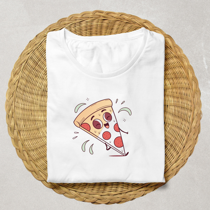 T-shirt décoré d'une part de pizza souriante style kawaii amusant et gourmand