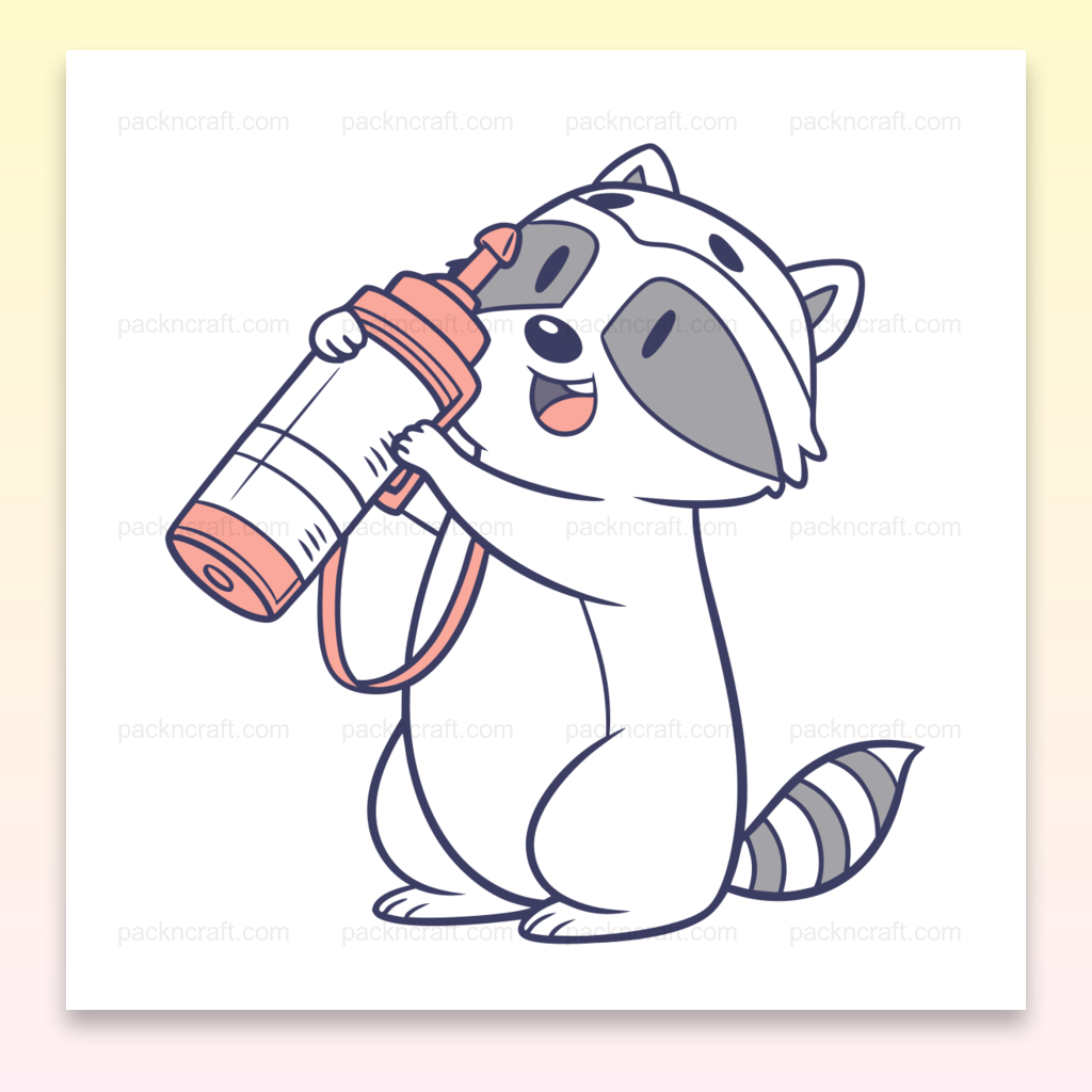 Illustration kawaii d'un raton laveur joyeux avec une bouteille, parfait pour DIY.