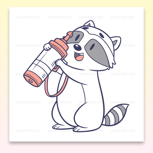 Illustration kawaii d'un raton laveur joyeux avec une bouteille, parfait pour DIY.