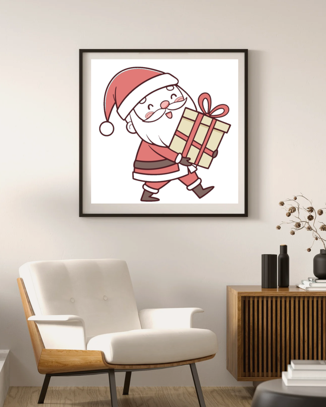 Cadre décoratif joyeux avec Père Noël et cadeau dans une ambiance festive