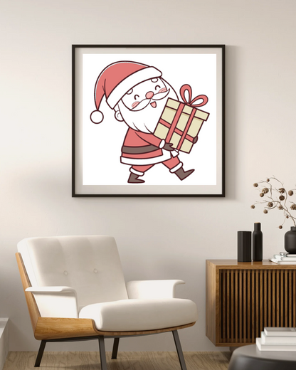 Cadre décoratif joyeux avec Père Noël et cadeau dans une ambiance festive