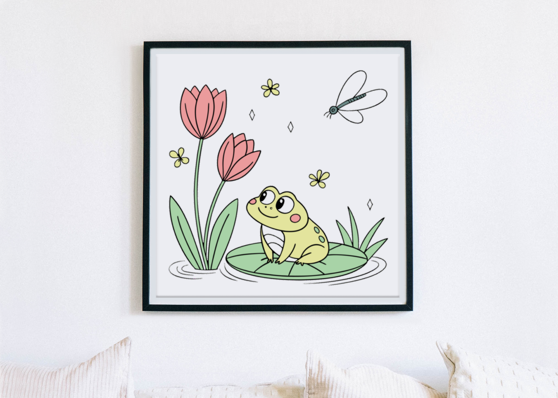 Cadre avec grenouille joyeuse posée sur un nénuphar dans un style pastel ludique