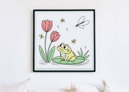 Cadre avec grenouille joyeuse posée sur un nénuphar dans un style pastel ludique