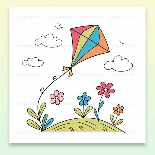 Cerf-volant coloré flottant dans un paysage floral printanier, parfait pour déco et DIY.