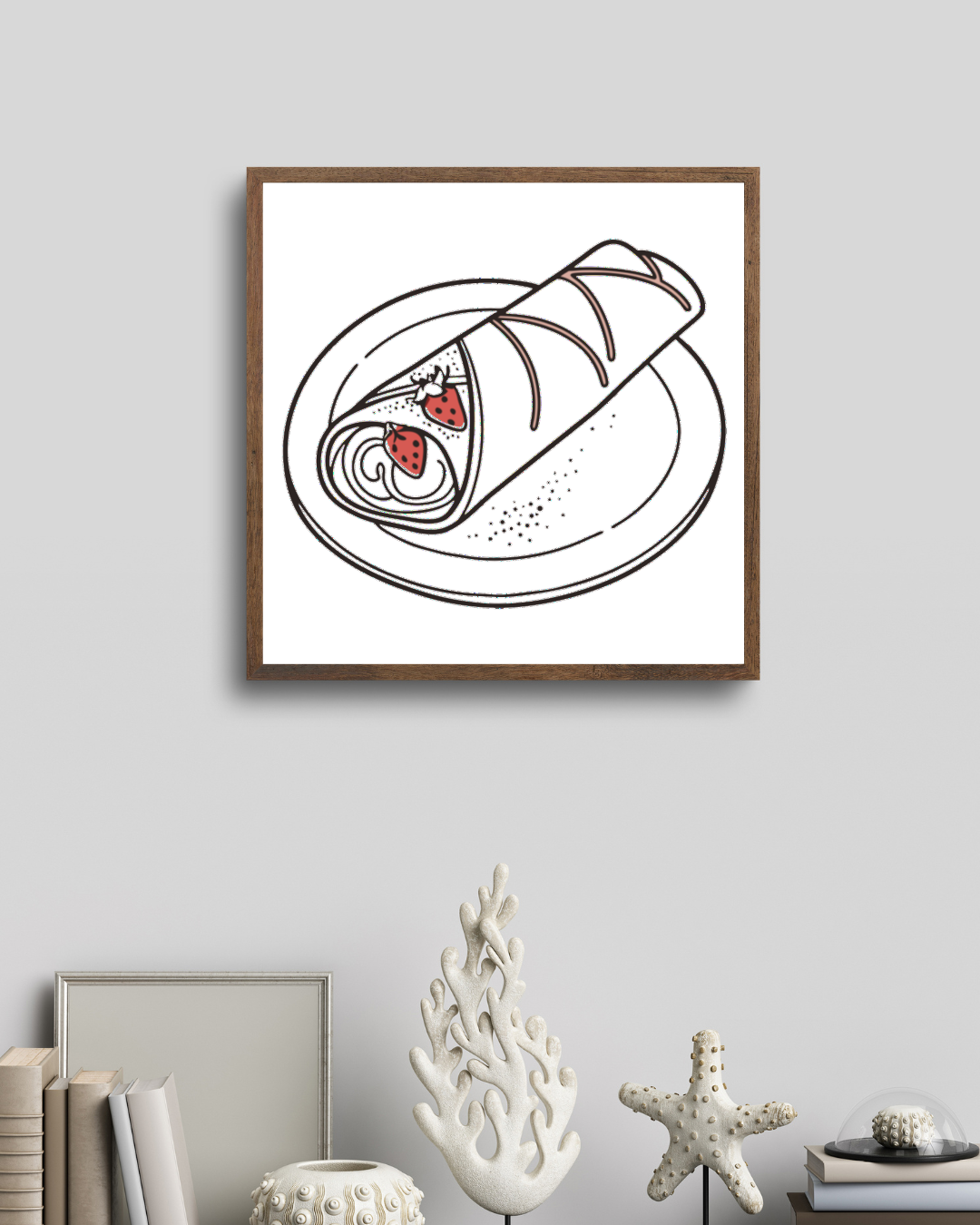 Cadre à motif numérique pastel représentant une crêpe gourmande dans un style décoratif