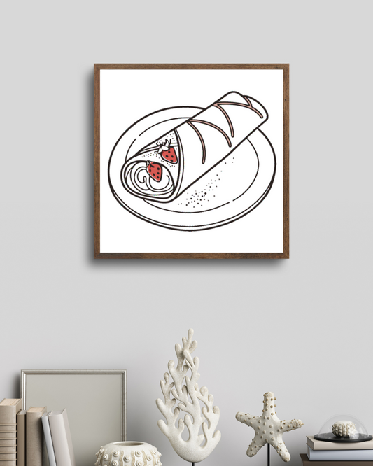 Cadre à motif numérique pastel représentant une crêpe gourmande dans un style décoratif