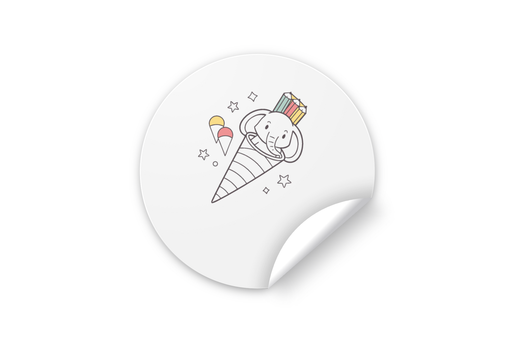 Sticker fun et créatif avec éléphant joyeux dans cornet, idéal pour la déco