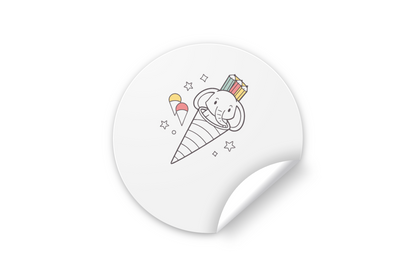 Sticker fun et créatif avec éléphant joyeux dans cornet, idéal pour la déco