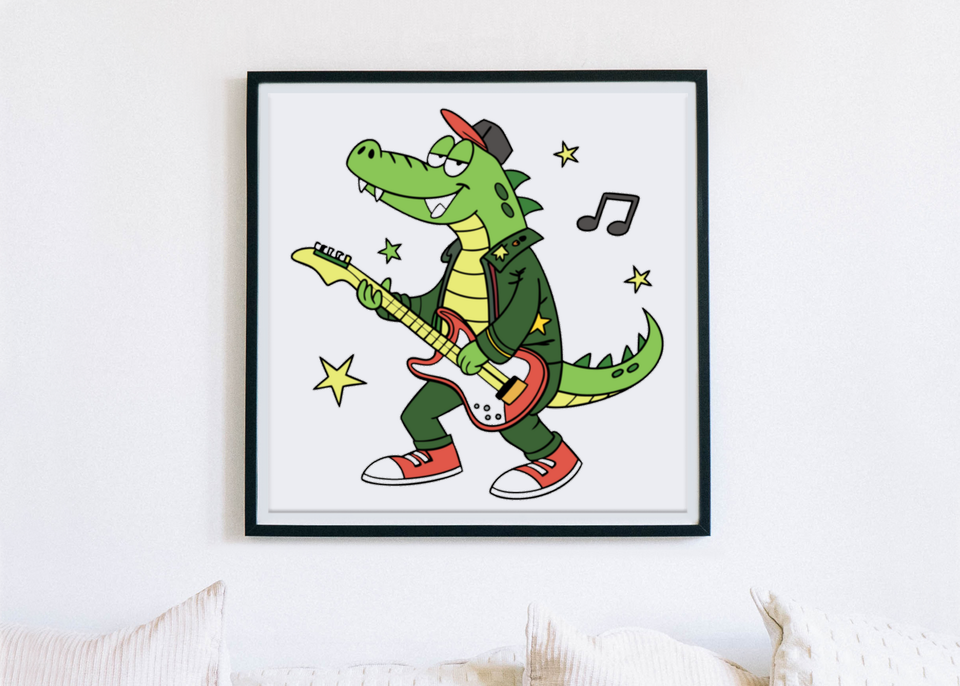 Cadre avec un crocodile rockeur en style cartoon, idéal pour une déco musicale