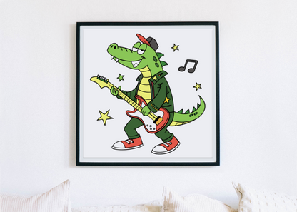 Cadre avec un crocodile rockeur en style cartoon, idéal pour une déco musicale