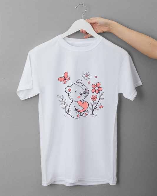 T-shirt imprimé d'un teddy kawaii entouré de fleurs