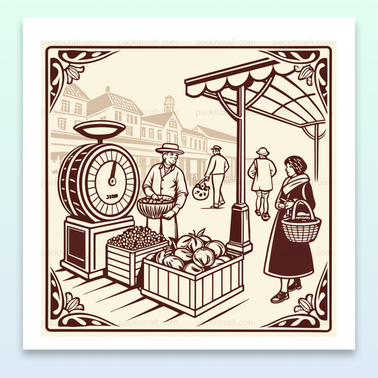 Illustration vintage du marché, parfaite pour créer des ambiances rétro chez soi.