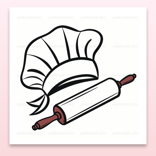 Illustration de toque de chef et rouleau pâtissier, idéale pour stickers et DIY., Toque de chef et rouleau sur cadre, parfaite pour affiches murales., Conception de toque et rouleau sur mug, excellente décoration de cuisine., Sticker de toque de chef et rouleau, personnalisable pour projets., Motif toque de chef et rouleau sur t-shirt, design moderne et élégant.