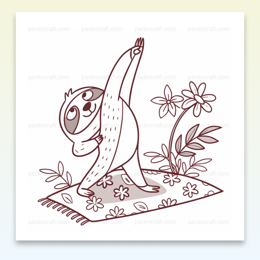 Paresseux illustré en position de yoga relaxant avec un style doodle.