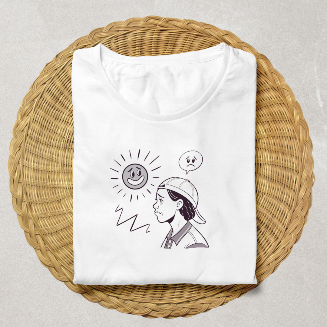T-shirt créatif avec icône d'adolescent pensif sous un soleil souriant