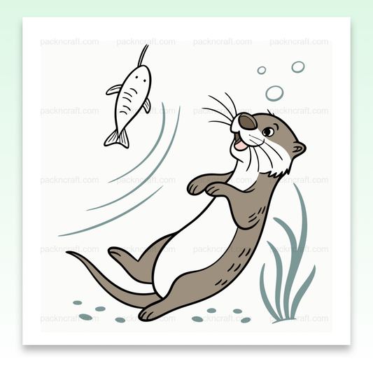 Illustration d'une loutre joyeuse jouant avec un poisson, idéale pour stickers et papeterie.