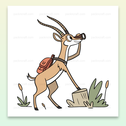 Gazelle en exploration avec sac à dos, parfaite pour décoration murale et projets éducatifs.