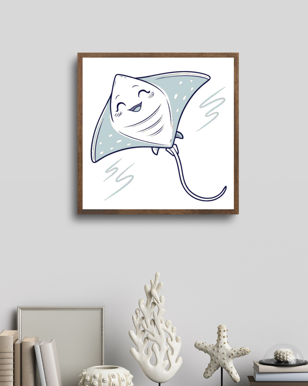 Cadre ludique avec raie souriante et icône océan en illustration vectorielle