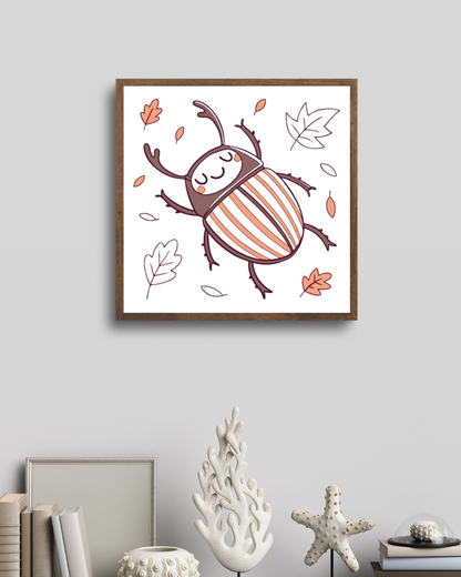 Cadre déco avec scarabée paisible et feuilles d'automne, ambiance kawaii