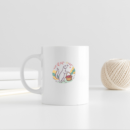 Mug automnal avec belette joyeuse portant un panier de pommes en style doux