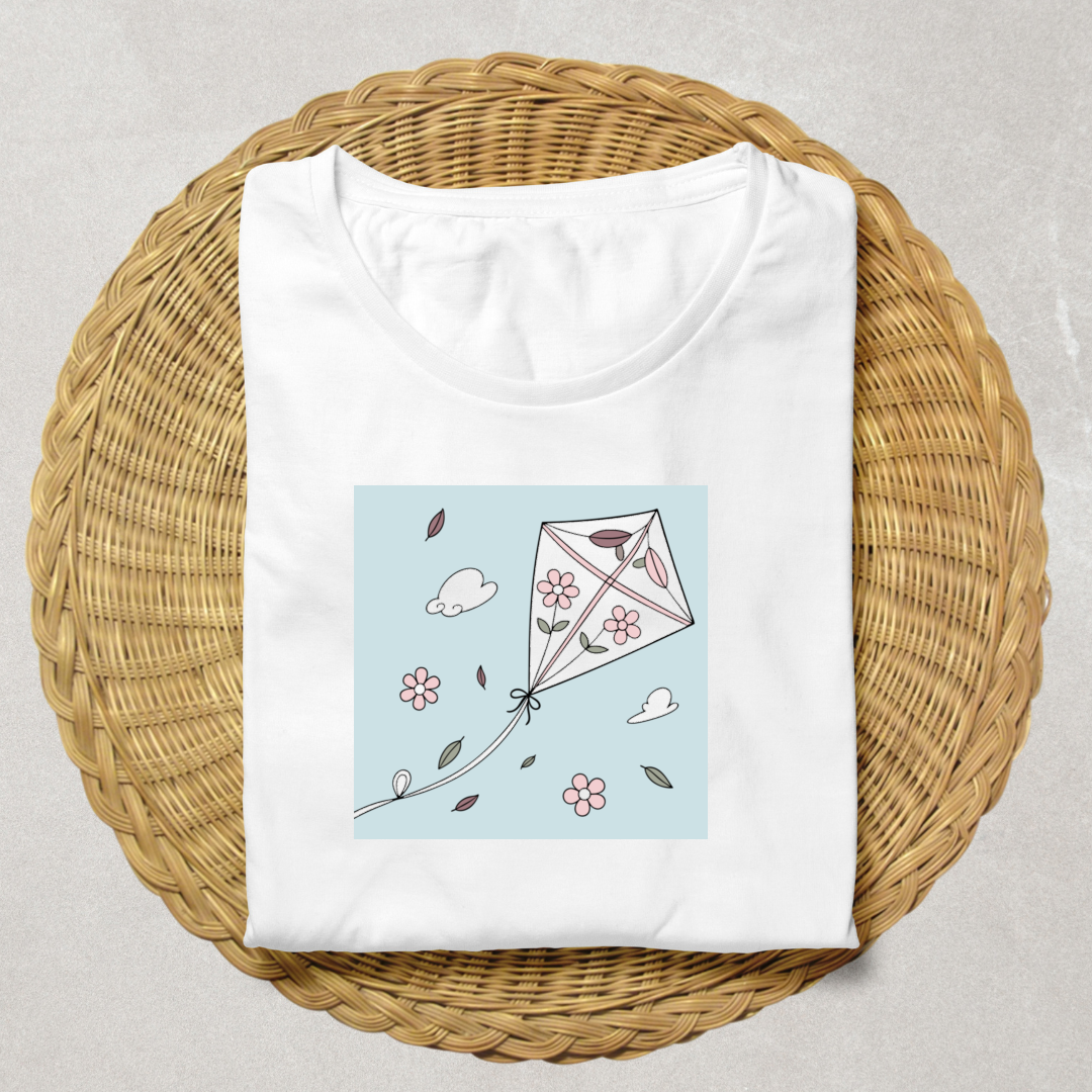 T-shirt doux avec cerf-volant fleuri en vol motif printanier élégant