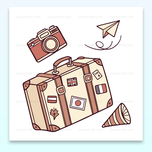 Illustration de valise décorée et caméra vintage en style vectoriel pour l'exploration