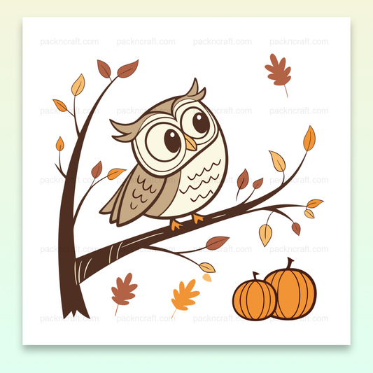 Illustration hibou curieux sur une branche en automne, idéale pour projets DIY et déco.