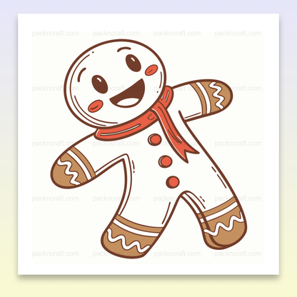Illustration d'un bonhomme en pain d'épices joyeux, idéal pour projets de Noël et DIY.