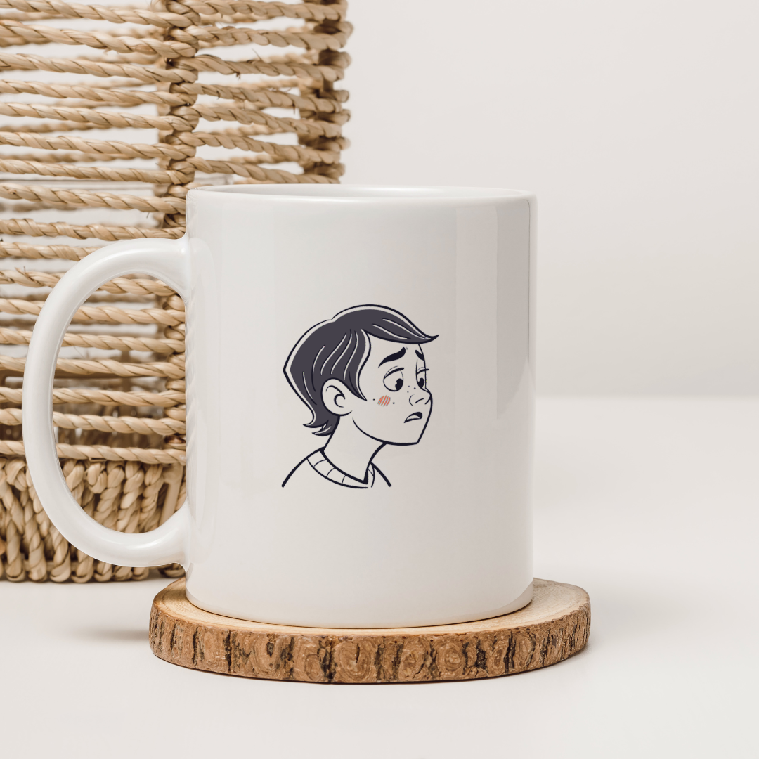 Mug avec motif garçon pensif dans un style éducatif et émotionnel