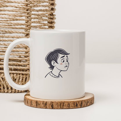 Mug avec motif garçon pensif dans un style éducatif et émotionnel