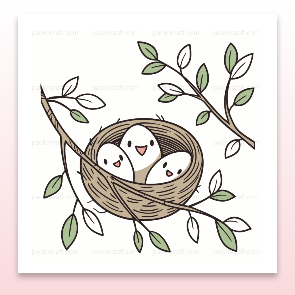 Illustration d'oisillons heureux dans un nid, idéal pour projets DIY et papeterie