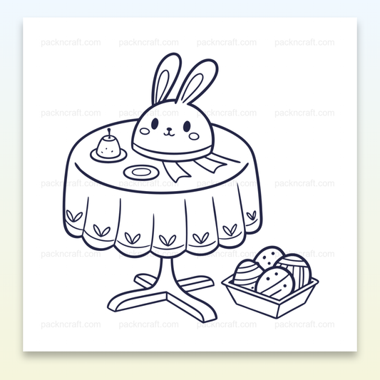 Illustration vectorielle minimaliste d'un lapin gourmand à table, idéale pour projets créatifs.