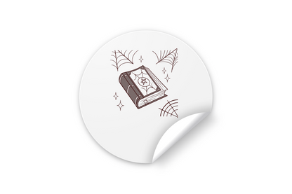 Sticker décoratif avec icône mystique d'un grimoire enchanteur sur fond minimaliste