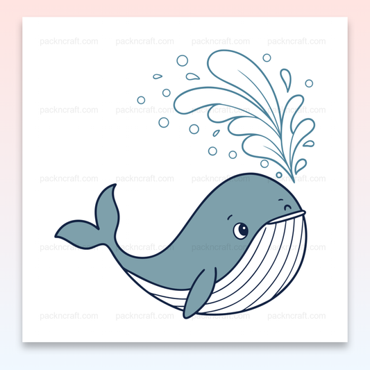 Illustration doodle de baleine joyeuse arrosant, idéale pour décorations marines.