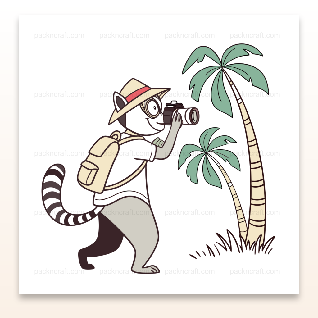 Illustration de lémurien photographe en situation tropicale, usage papeterie et déco