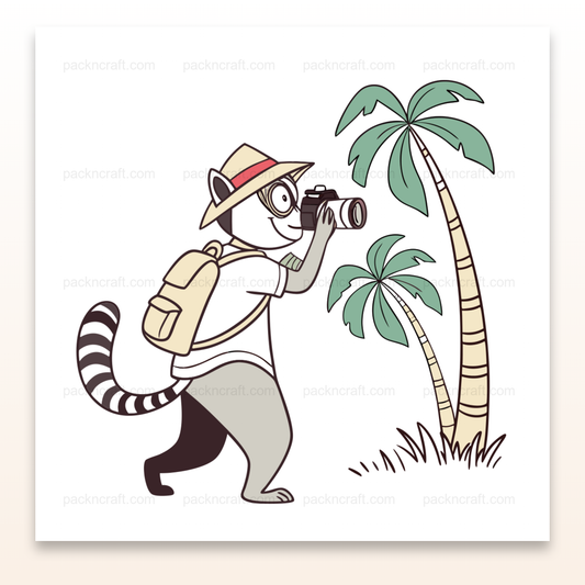 Illustration de lémurien photographe en situation tropicale, usage papeterie et déco