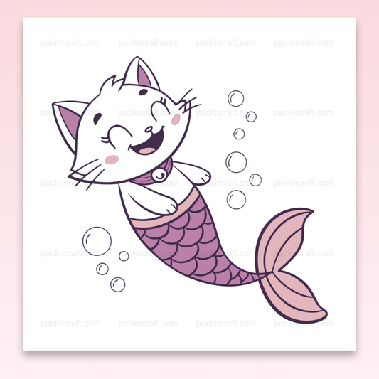 Chat sirène heureux en style kawaii, illustration numérique pour usage créatif.