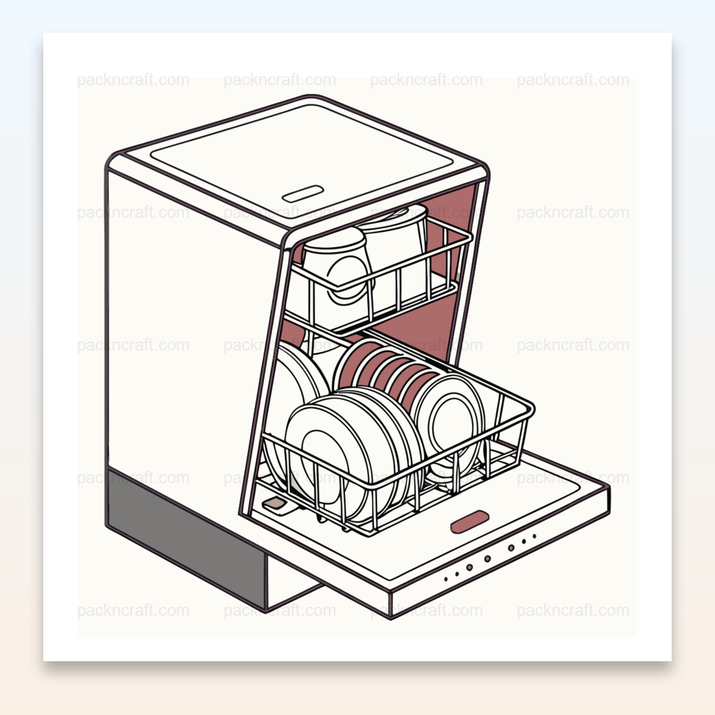 Illustration SVG d'un lave-vaisselle moderne ouvert, idéale pour projets DIY