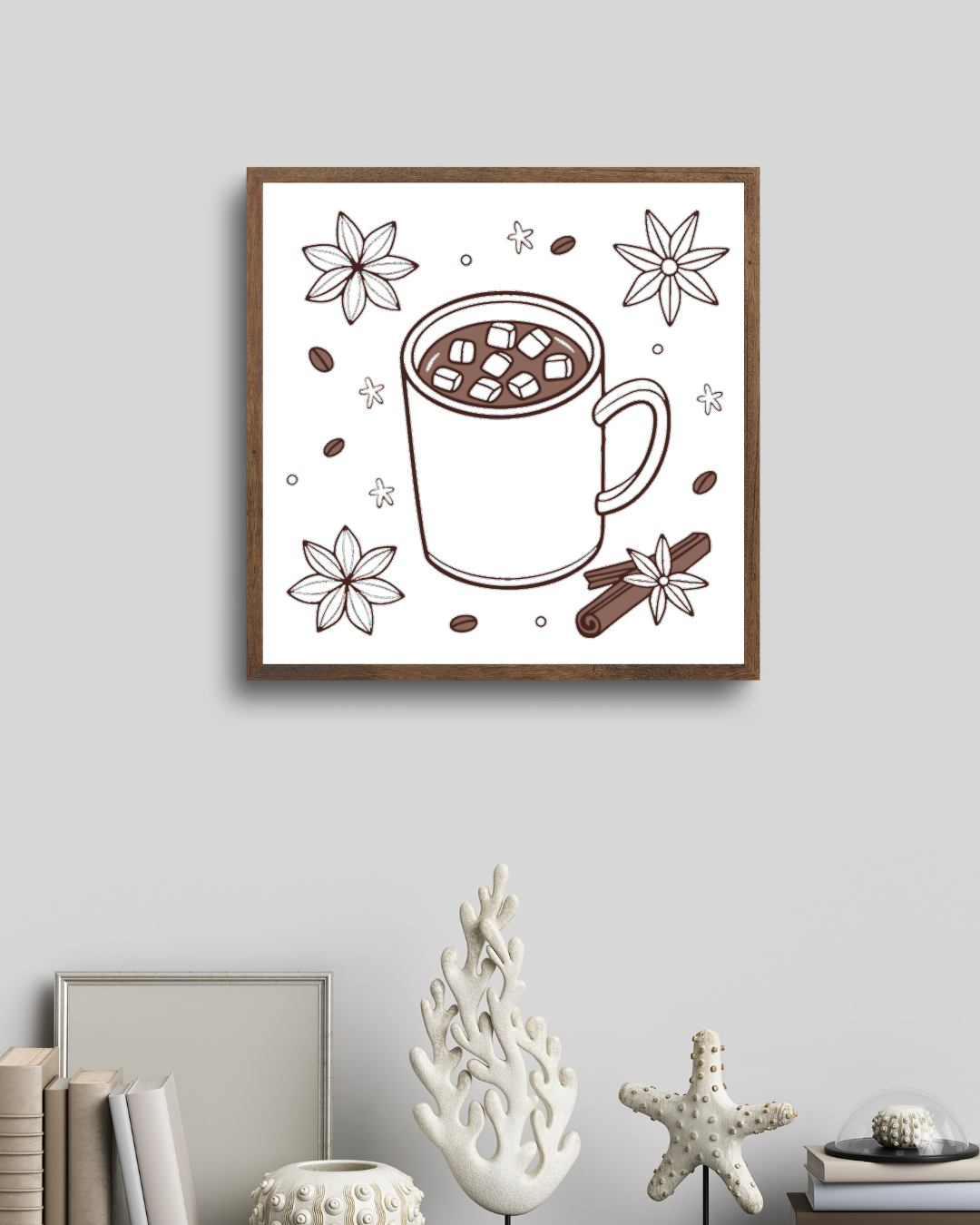 Cadre au style élégant avec un motif hivernal magique en fond chocolat chaud
