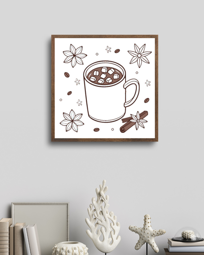 Cadre au style élégant avec un motif hivernal magique en fond chocolat chaud