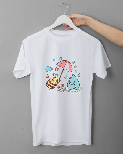 T-shirt pastel décoré d'une abeille souriante sous la pluie ambiance printanière