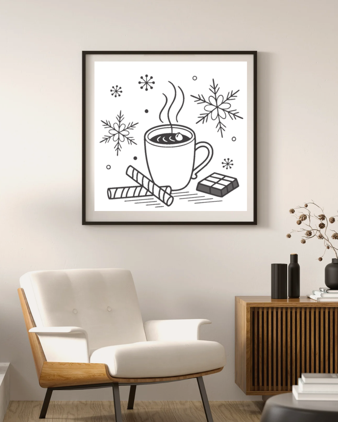 Cadre décoratif avec design de chocolat chaud et flocons pour un esprit hivernal cosy