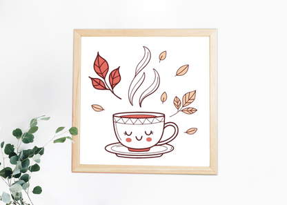 Cadre automnal avec illustration doodle d'une tasse joyeuse fumante