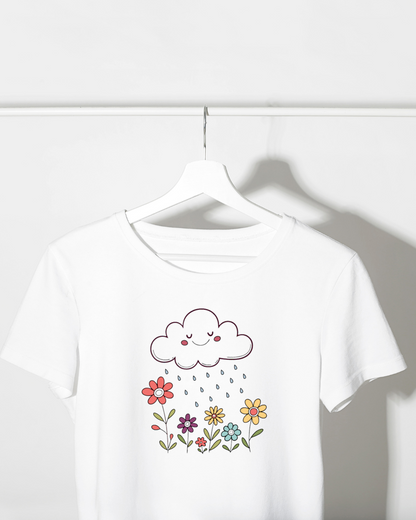 T-shirt avec motif nuage souriant arrosant des fleurs style pastel printanier