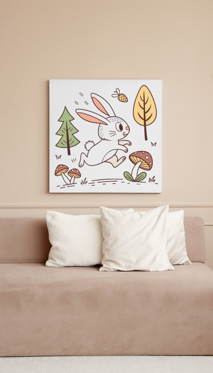 Cadre arborant un adorable lapin sautant joyeusement dans une belle forêt