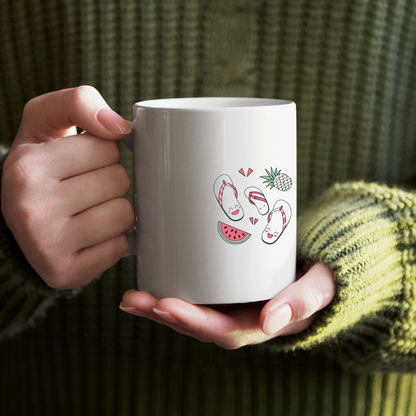 Mug avec motif kawaii de tongs joyeuses sur fond tropical coloré