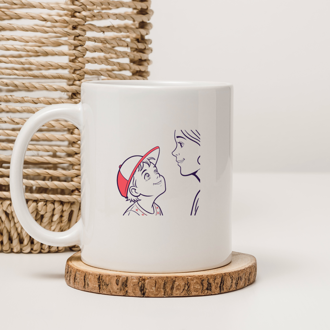 Mug décoré d'une icône numérique de lien mère-enfant style ligne claire